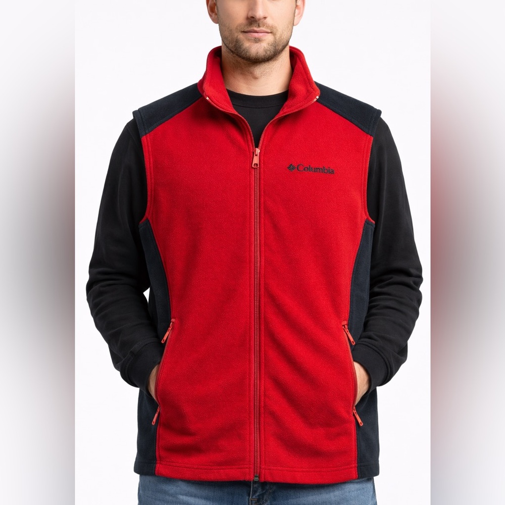Columbia Red & Black Fleece Zip-Up Vest Men’s LT